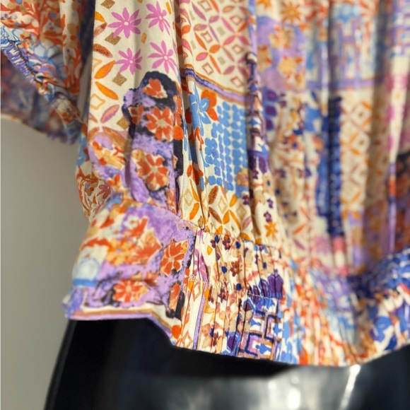 Rose Olive Crop Top Purple Orange Patch Print Short Sleeve Tie Front Size Small - Picture 6 of 12